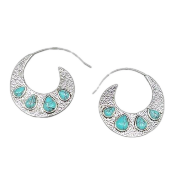 Jewelry - Medium Silver Tone Feather Spiral Earrings in Turquoise Blue #1320